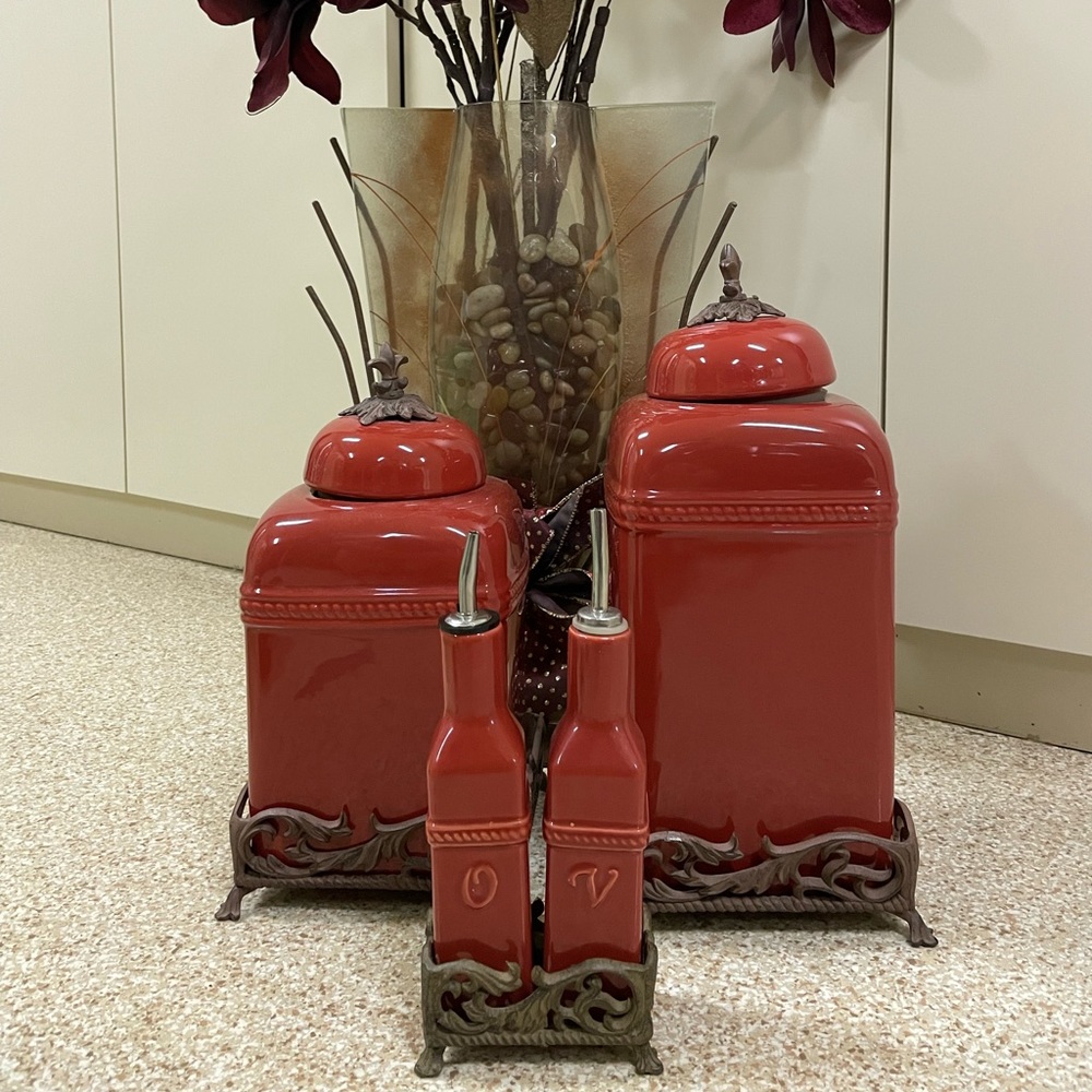 SOLDDDD”””Beautiful Rich Red kitchen canisters and olive and vinegar jar